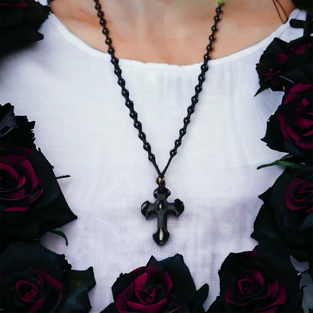1pc Black Religious Christian Cross Fashion Obsidian Style Pendant Necklace - Picture 11 of 15